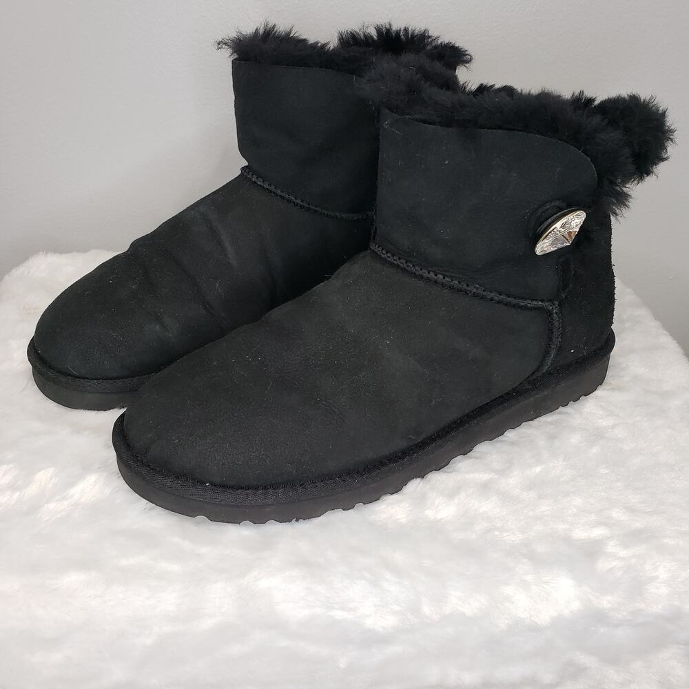 UGG Mini Bailey Button Bling Boots Black Suede Swarovski Womens Size 9